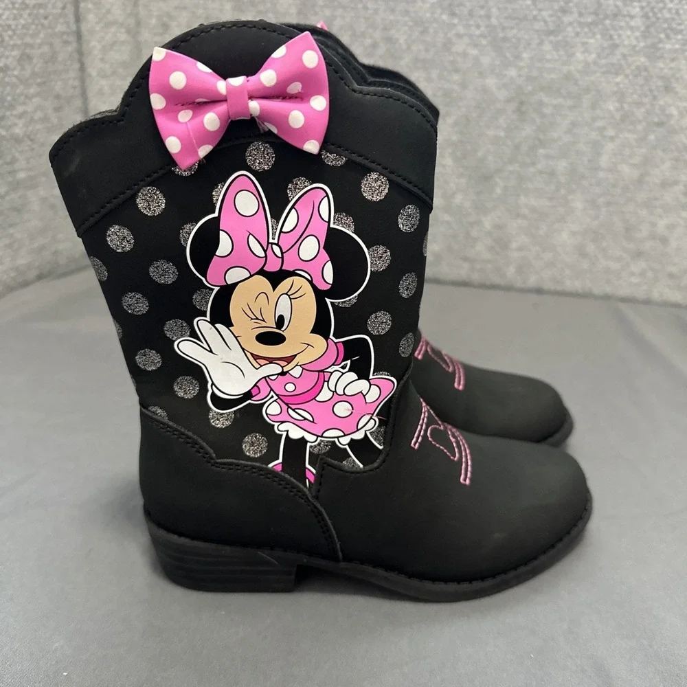 Disney Jr. Minnie Mouse Girls‎ Size 11 Med Cowboy Boots Faux Leather Black Pink